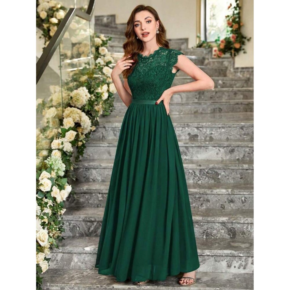 MIUSOL Lace Chiffon Cap Sleeve Maxi Dress Gown Small Emerald Green Cocktail